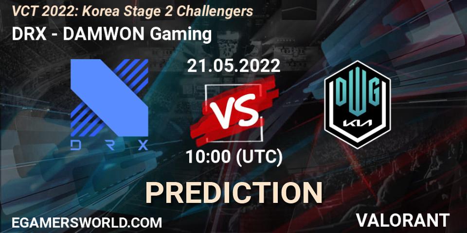 Prognose für das Spiel DRX VS DAMWON Gaming. 21.05.2022 at 10:00. VALORANT - VCT 2022: Korea Stage 2 Challengers