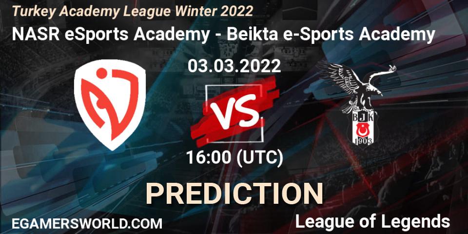 Prognose für das Spiel NASR eSports Academy VS Beşiktaş e-Sports Academy. 03.03.2022 at 16:00. LoL - Turkey Academy League Winter 2022