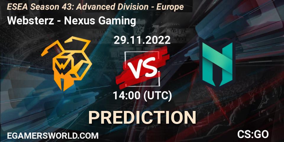 Prognose für das Spiel Websterz VS Nexus Gaming. 29.11.22. CS2 (CS:GO) - ESEA Season 43: Advanced Division - Europe