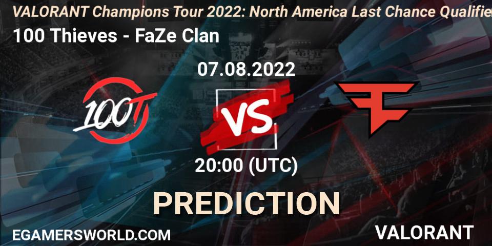 Prognose für das Spiel 100 Thieves VS FaZe Clan. 07.08.2022 at 20:00. VALORANT - VCT 2022: North America Last Chance Qualifier