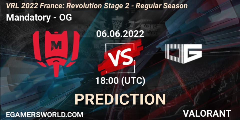 Prognose für das Spiel Mandatory VS OG. 06.06.2022 at 18:00. VALORANT - VRL 2022 France: Revolution Stage 2 - Regular Season