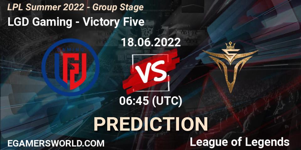 Prognose für das Spiel LGD Gaming VS Victory Five. 18.06.2022 at 06:45. LoL - LPL Summer 2022 - Group Stage