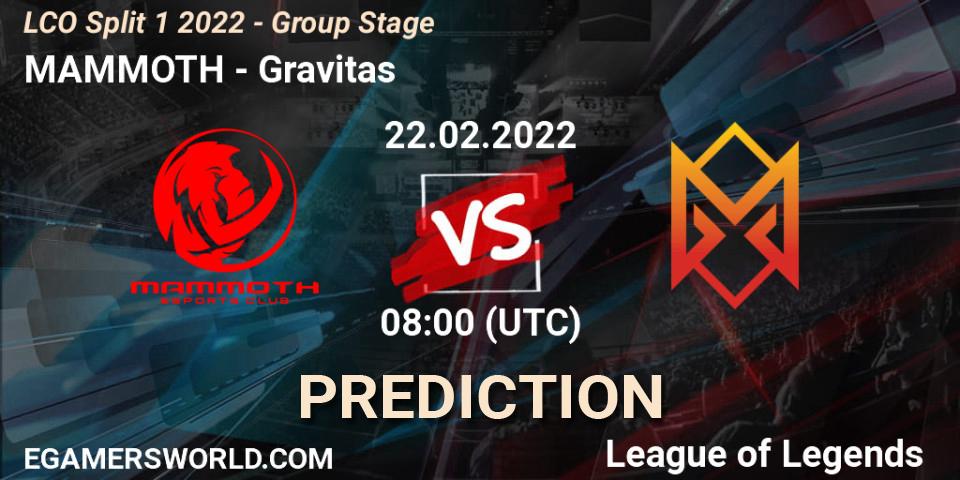 Prognose für das Spiel MAMMOTH VS Gravitas. 22.02.2022 at 08:00. LoL - LCO Split 1 2022 - Group Stage 