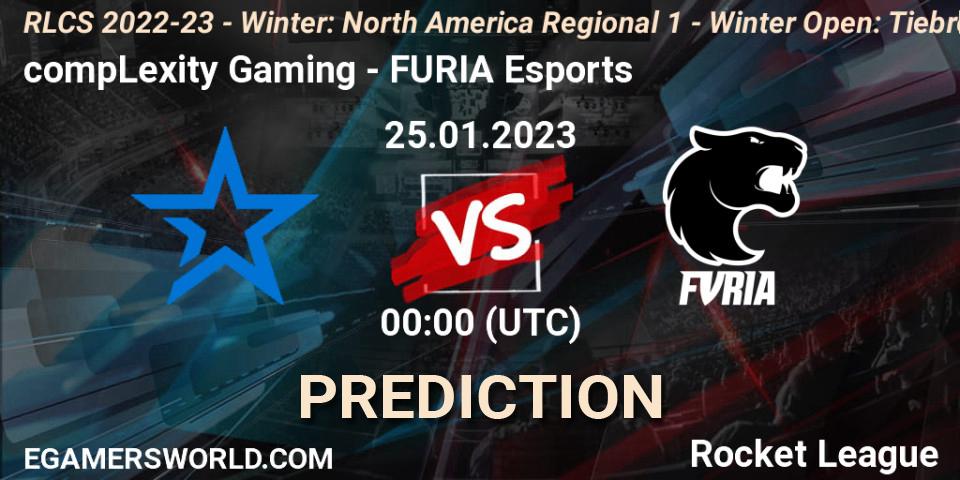 Prognose für das Spiel compLexity Gaming VS FURIA Esports. 25.01.2023 at 01:00. Rocket League - RLCS 2022-23 - Winter: North America Regional 1 - Winter Open: Tiebreaker
