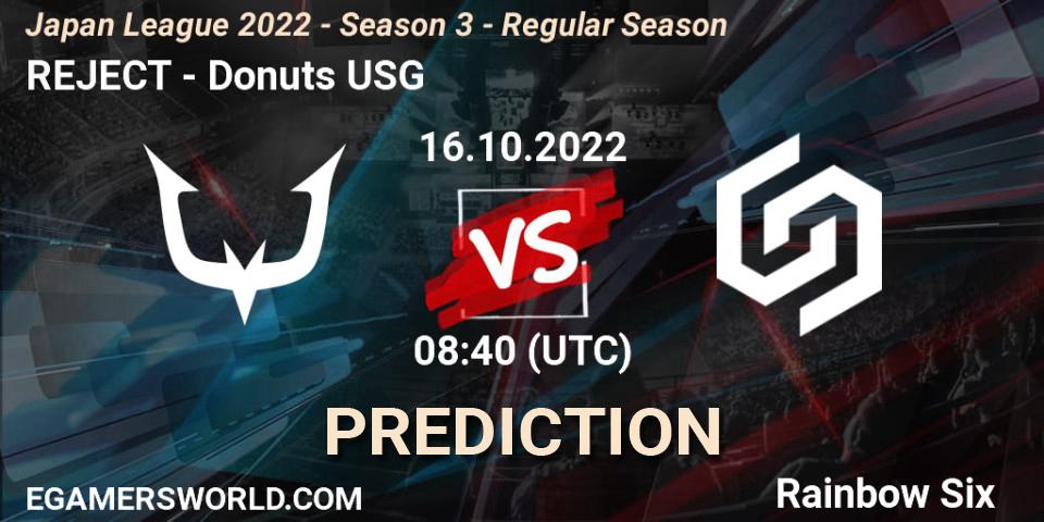 Prognose für das Spiel REJECT VS Donuts USG. 16.10.2022 at 08:40. Rainbow Six - Japan League 2022 - Season 3 - Regular Season