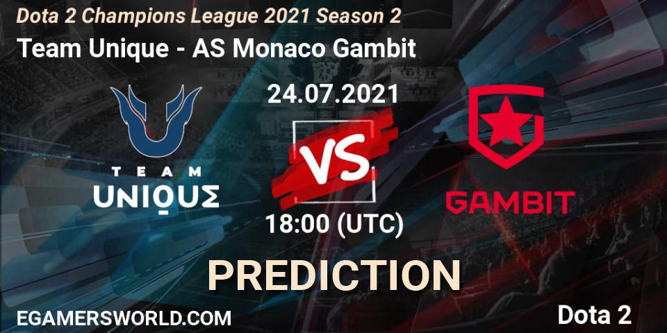 Prognose für das Spiel Team Unique VS AS Monaco Gambit. 24.07.2021 at 18:05. Dota 2 - Dota 2 Champions League 2021 Season 2