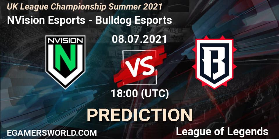 Prognose für das Spiel NVision Esports VS Bulldog Esports. 08.07.2021 at 18:00. LoL - UK League Championship Summer 2021