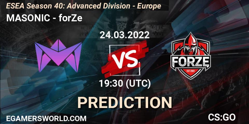 Prognose für das Spiel MASONIC VS forZe. 25.03.2022 at 18:00. Counter-Strike (CS2) - ESEA Season 40: Advanced Division - Europe