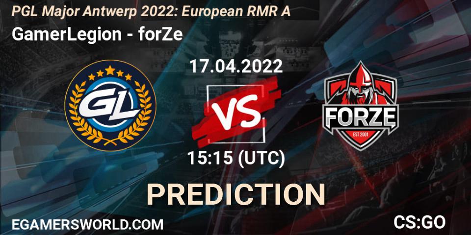 Prognose für das Spiel GamerLegion VS forZe. 17.04.2022 at 16:35. Counter-Strike (CS2) - PGL Major Antwerp 2022: European RMR A
