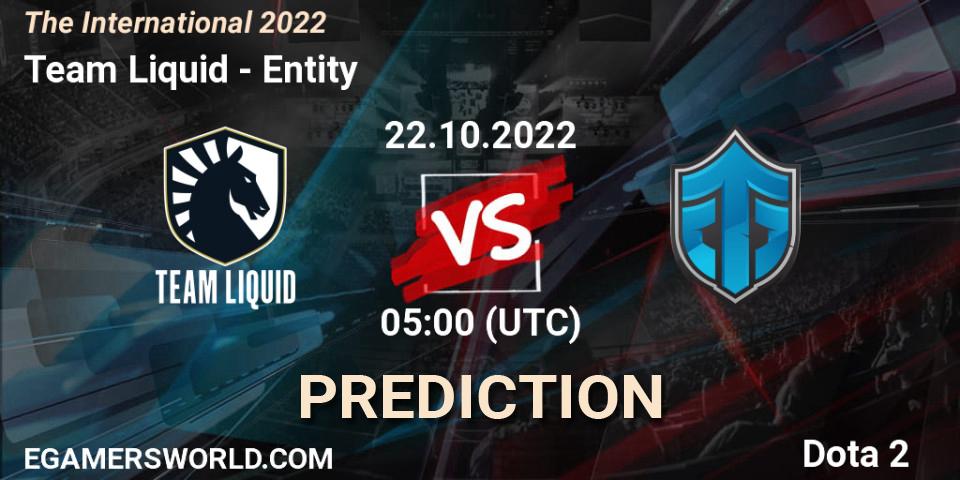 Prognose für das Spiel Team Liquid VS Entity. 22.10.2022 at 05:50. Dota 2 - The International 2022
