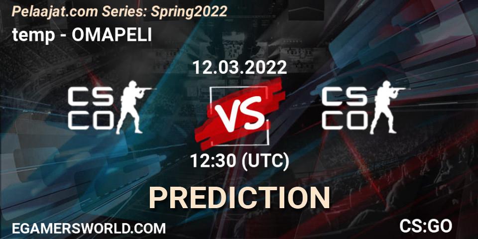 Prognose für das Spiel Team temp VS OMAPELI. 12.03.2022 at 12:30. Counter-Strike (CS2) - Pelaajat.com Series: Spring 2022