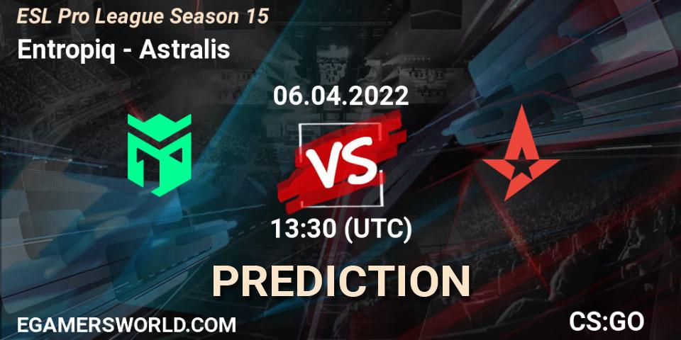 Prognose für das Spiel Entropiq VS Astralis. 06.04.2022 at 13:30. Counter-Strike (CS2) - ESL Pro League Season 15
