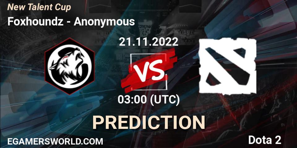 Prognose für das Spiel Foxhoundz VS Anonymous. 21.11.2022 at 03:00. Dota 2 - New Talent Cup