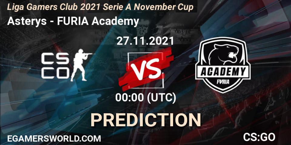 Prognose für das Spiel Asterys VS FURIA Academy. 27.11.2021 at 00:00. Counter-Strike (CS2) - Liga Gamers Club 2021 Serie A November Cup