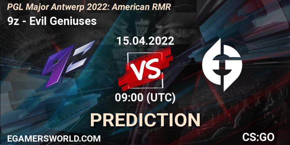 Prognose für das Spiel 9z VS Evil Geniuses. 15.04.2022 at 09:00. Counter-Strike (CS2) - PGL Major Antwerp 2022: American RMR