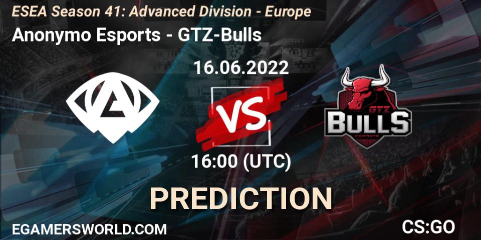 Prognose für das Spiel Anonymo Esports VS GTZ-Bulls. 16.06.22. CS2 (CS:GO) - ESEA Season 41: Advanced Division - Europe