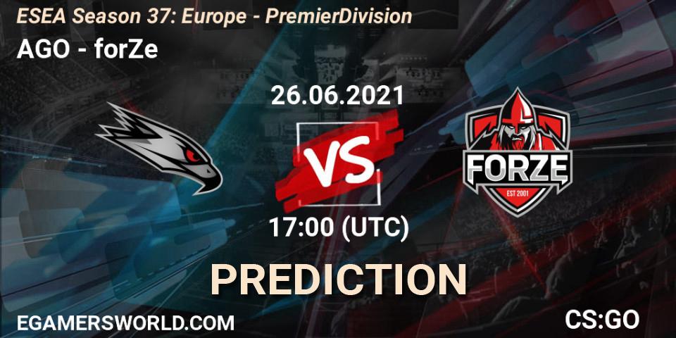 Prognose für das Spiel AGO VS forZe. 26.06.2021 at 17:00. Counter-Strike (CS2) - ESEA Season 37: Europe - Premier Division