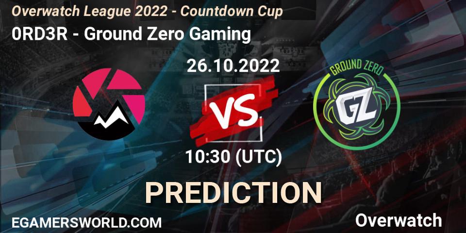 Prognose für das Spiel 0RD3R VS Ground Zero Gaming. 26.10.2022 at 10:14. Overwatch - Overwatch Contenders 2022 Shimada Showdown - Australia/New Zealand - October