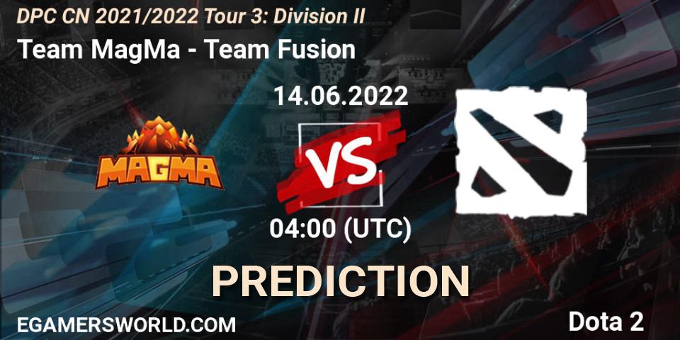 Prognose für das Spiel Team MagMa VS Team Fusion. 14.06.2022 at 03:59. Dota 2 - DPC CN 2021/2022 Tour 3: Division II