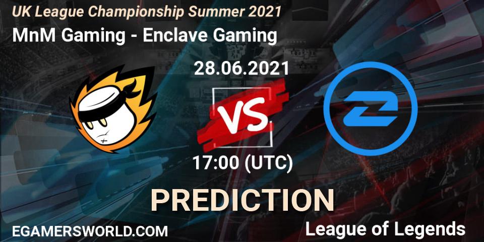 Prognose für das Spiel MnM Gaming VS Enclave Gaming. 28.06.2021 at 17:00. LoL - UK League Championship Summer 2021