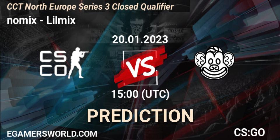 Prognose für das Spiel nomix VS Lilmix. 20.01.2023 at 15:00. Counter-Strike (CS2) - CCT North Europe Series 3 Closed Qualifier