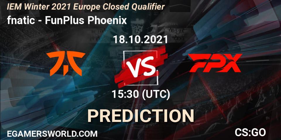 Prognose für das Spiel fnatic VS FunPlus Phoenix. 18.10.2021 at 15:30. Counter-Strike (CS2) - IEM Winter 2021 Europe Closed Qualifier