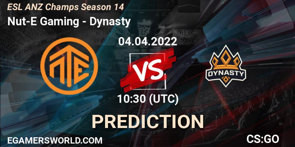 Prognose für das Spiel Nut-E Gaming VS Dynasty. 04.04.2022 at 10:30. Counter-Strike (CS2) - ESL ANZ Champs Season 14