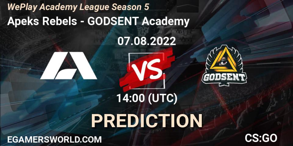 Prognose für das Spiel Apeks Rebels VS GODSENT Academy. 26.07.2022 at 14:00. Counter-Strike (CS2) - WePlay Academy League Season 5