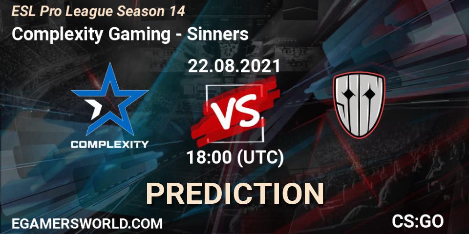 Prognose für das Spiel Complexity Gaming VS Sinners. 22.08.2021 at 18:40. Counter-Strike (CS2) - ESL Pro League Season 14