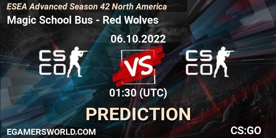 Prognose für das Spiel Magic School Bus VS Red Wolves. 06.10.2022 at 01:00. Counter-Strike (CS2) - ESEA Advanced Season 42 North America