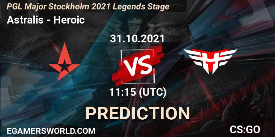 Prognose für das Spiel Astralis VS Heroic. 31.10.2021 at 11:35. Counter-Strike (CS2) - PGL Major Stockholm 2021 Legends Stage