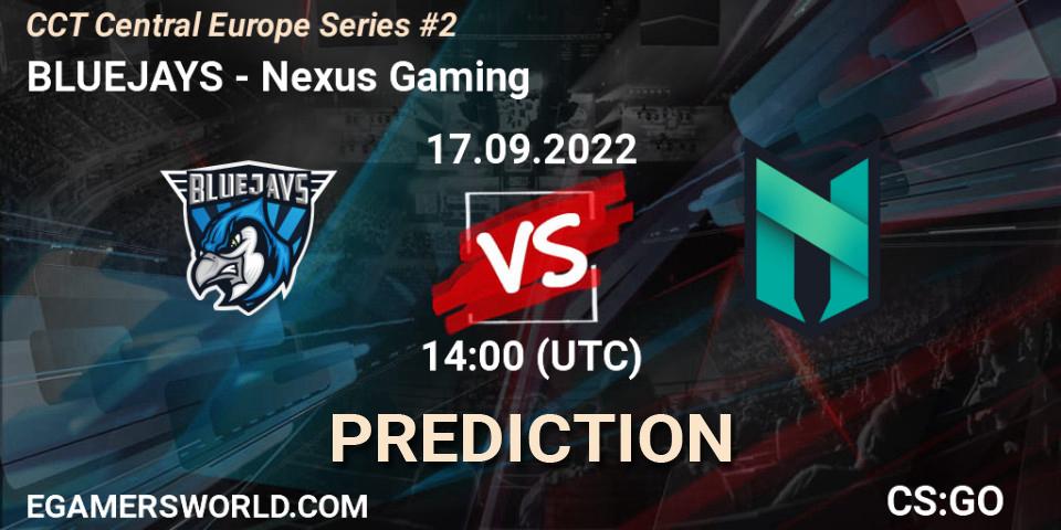 Prognose für das Spiel BLUEJAYS VS Nexus Gaming. 17.09.2022 at 17:00. Counter-Strike (CS2) - CCT Central Europe Series #2