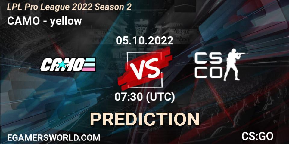 Prognose für das Spiel CAMO VS yellow. 05.10.2022 at 07:45. Counter-Strike (CS2) - LPL Pro League 2022 Season 2
