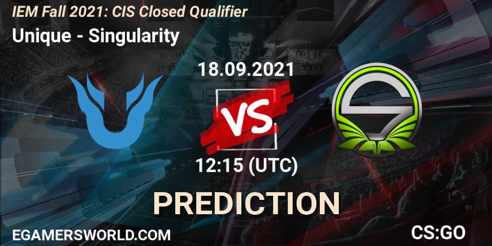 Prognose für das Spiel Unique VS Singularity. 18.09.2021 at 12:15. Counter-Strike (CS2) - IEM Fall 2021: CIS Closed Qualifier