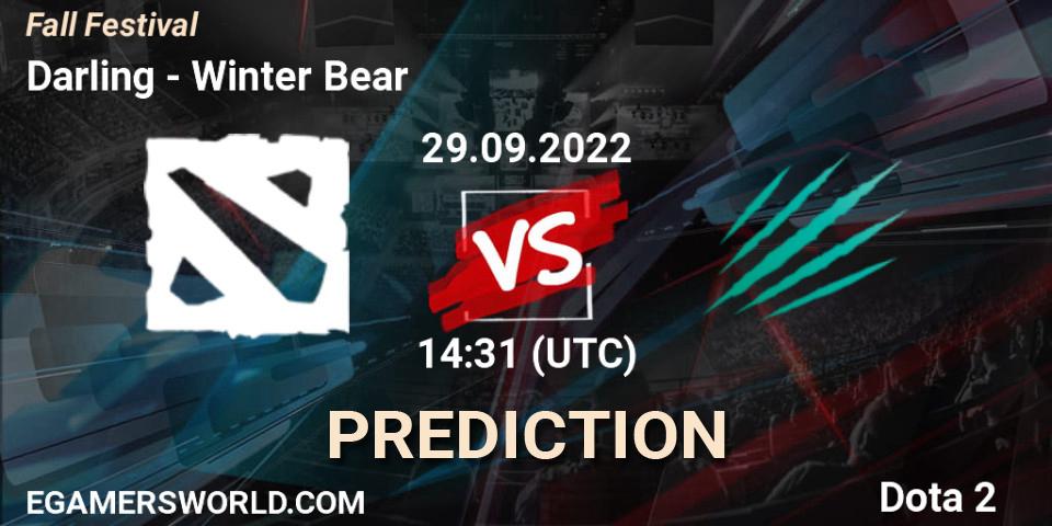 Prognose für das Spiel Darling VS Winter Bear. 29.09.2022 at 14:31. Dota 2 - Fall Festival