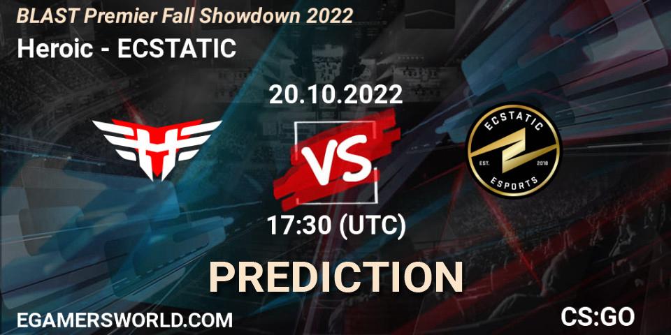 Prognose für das Spiel Heroic VS ECSTATIC. 20.10.2022 at 18:40. Counter-Strike (CS2) - BLAST Premier Fall Showdown 2022 Europe