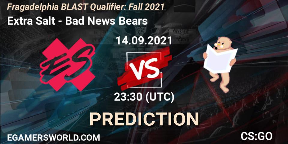 Prognose für das Spiel Extra Salt VS Bad News Bears. 14.09.2021 at 23:30. Counter-Strike (CS2) - Fragadelphia BLAST Qualifier: Fall 2021