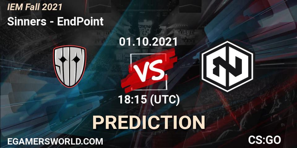 Prognose für das Spiel Sinners VS EndPoint. 01.10.2021 at 18:15. Counter-Strike (CS2) - IEM Fall 2021: Europe RMR
