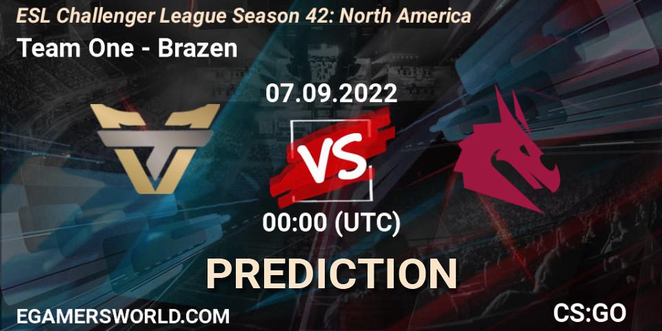 Prognose für das Spiel Team One VS Brazen. 24.09.2022 at 03:00. Counter-Strike (CS2) - ESL Challenger League Season 42: North America