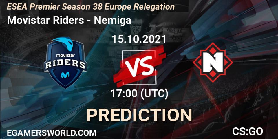 Prognose für das Spiel Movistar Riders VS Nemiga. 15.10.2021 at 17:00. Counter-Strike (CS2) - ESEA Premier Season 38 Europe Relegation