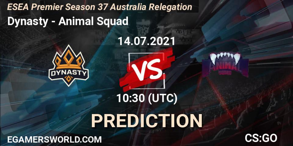 Prognose für das Spiel Dynasty VS Animal Squad. 14.07.2021 at 11:00. Counter-Strike (CS2) - ESEA Premier Season 37 Australia Relegation