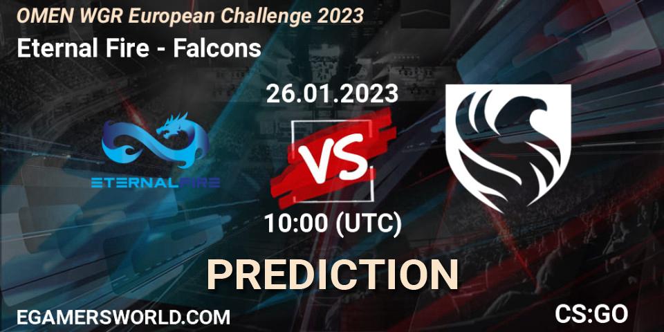 Prognose für das Spiel Eternal Fire VS Falcons. 26.01.2023 at 10:00. Counter-Strike (CS2) - OMEN WGR European Challenge 2023