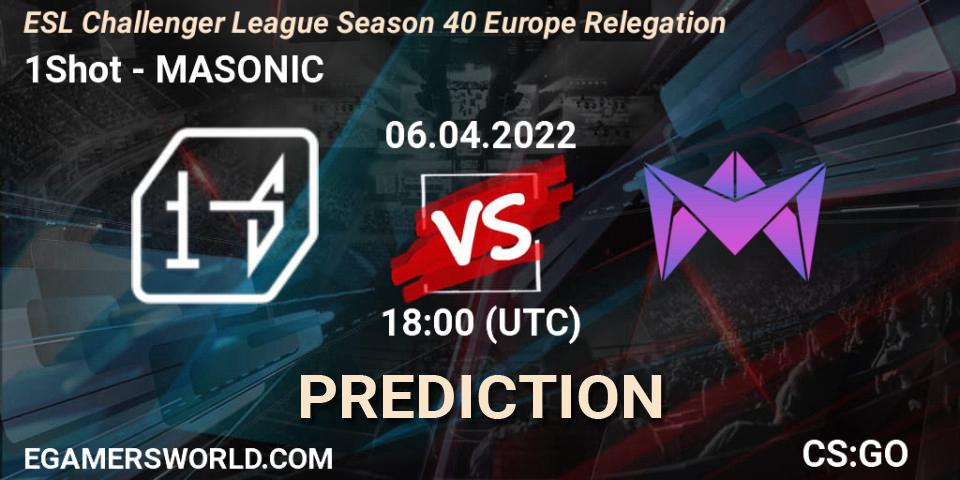 Prognose für das Spiel 1Shot VS MASONIC. 06.04.2022 at 19:00. Counter-Strike (CS2) - ESL Challenger League Season 40 Europe Relegation