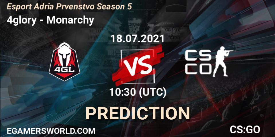 Prognose für das Spiel 4glory VS Monarchy. 18.07.2021 at 10:30. Counter-Strike (CS2) - Esport Adria Prvenstvo Season 5