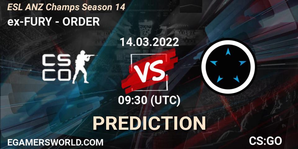 Prognose für das Spiel ex-FURY VS ORDER. 14.03.2022 at 09:30. Counter-Strike (CS2) - ESL ANZ Champs Season 14