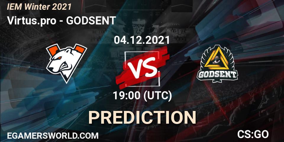 Prognose für das Spiel Virtus.pro VS GODSENT. 04.12.2021 at 19:35. Counter-Strike (CS2) - IEM Winter 2021