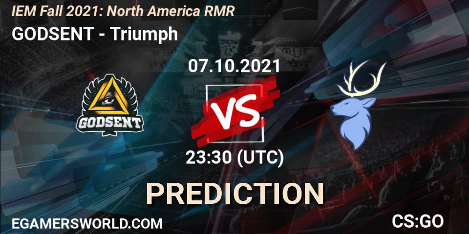 Prognose für das Spiel GODSENT VS Triumph. 07.10.2021 at 23:30. Counter-Strike (CS2) - IEM Fall 2021: North America RMR
