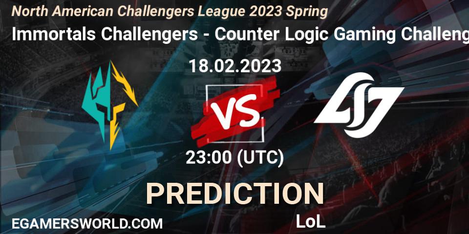 Prognose für das Spiel Immortals Challengers VS Counter Logic Gaming Challengers. 18.02.23. LoL - NACL 2023 Spring - Group Stage