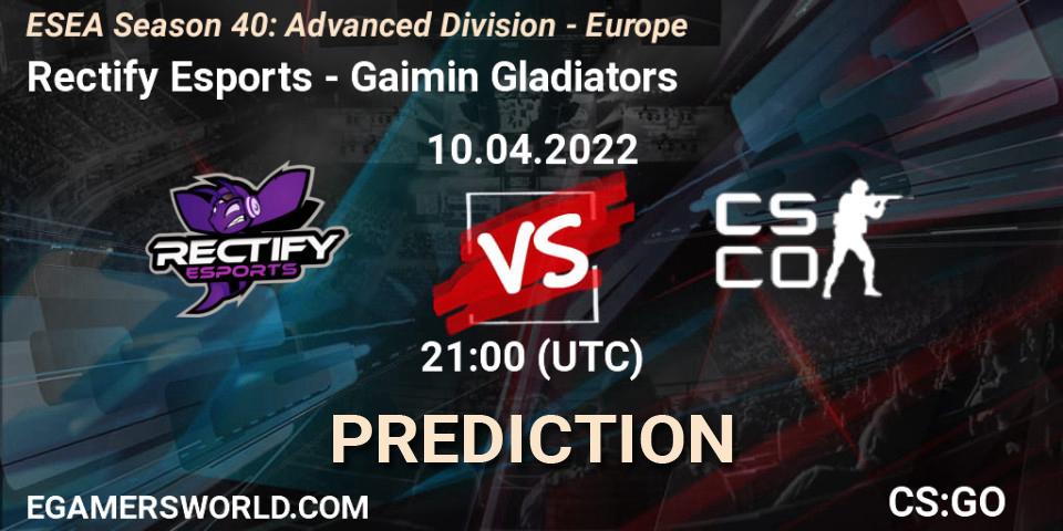 Prognose für das Spiel Rectify Esports VS Gaimin Gladiators. 10.04.2022 at 20:00. Counter-Strike (CS2) - ESEA Season 40: Advanced Division - Europe