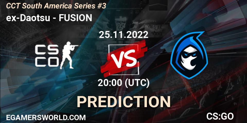 Prognose für das Spiel ex-Daotsu VS FUSION. 25.11.2022 at 20:15. Counter-Strike (CS2) - CCT South America Series #3